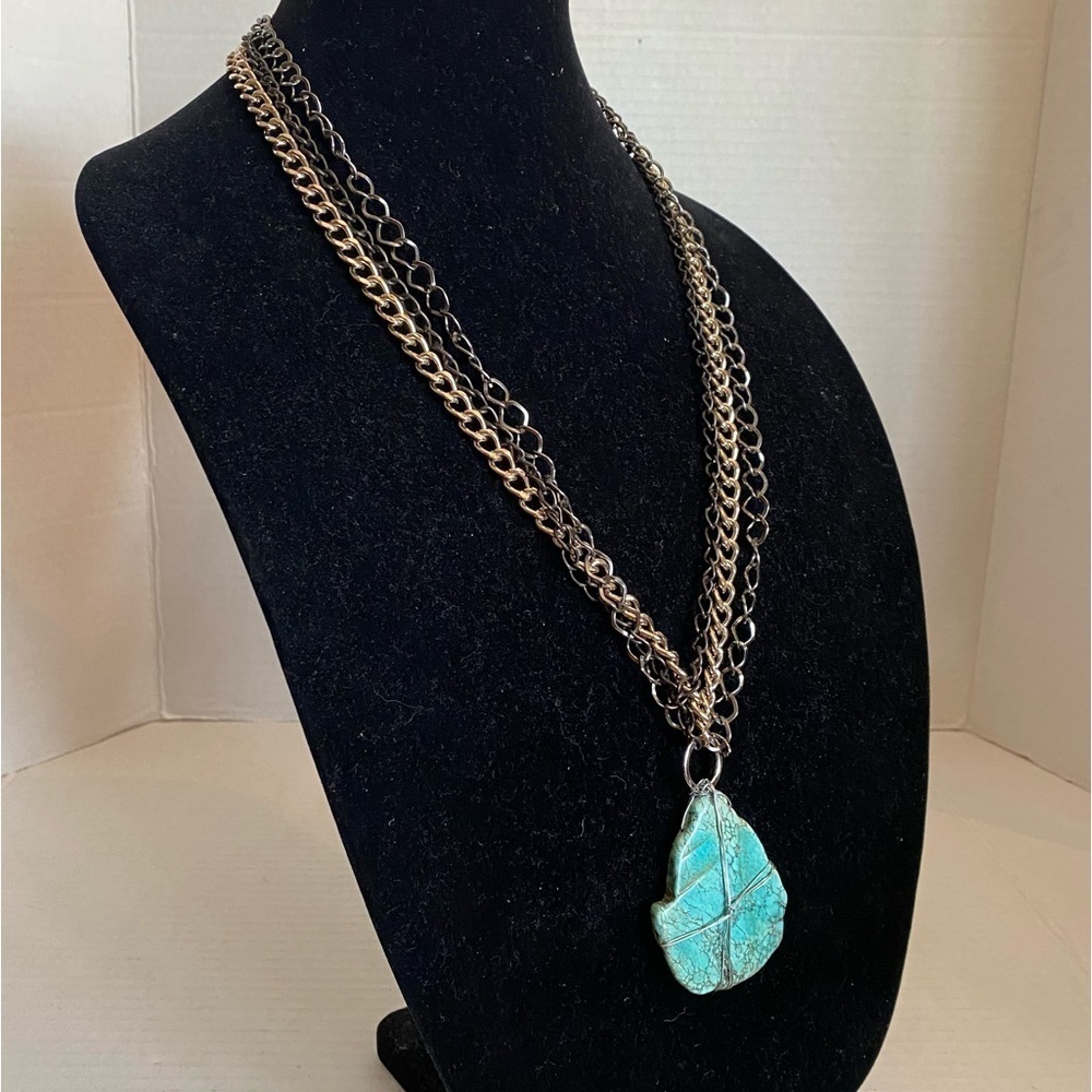 Turquoise Multi Tone/Multi Strand Metal Chain Pendant Southwest Necklace Jewelry